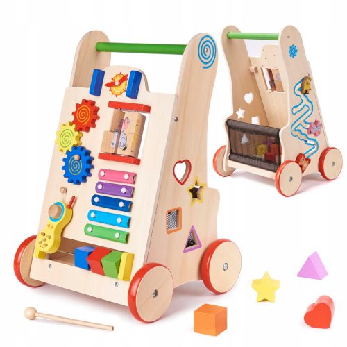  CAMMINATORE CAVALCABILE SPINTINO IN LEGNO PER BAMBINI PUZZLE CUBO SENSORIALE + adesivi Classic EcoKidWood, 1 pz.