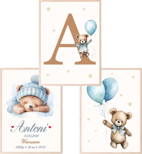  Set 3 poster A3 Orsetti con palloncini, certificato di nascita, personalizzazione con nome del bambino