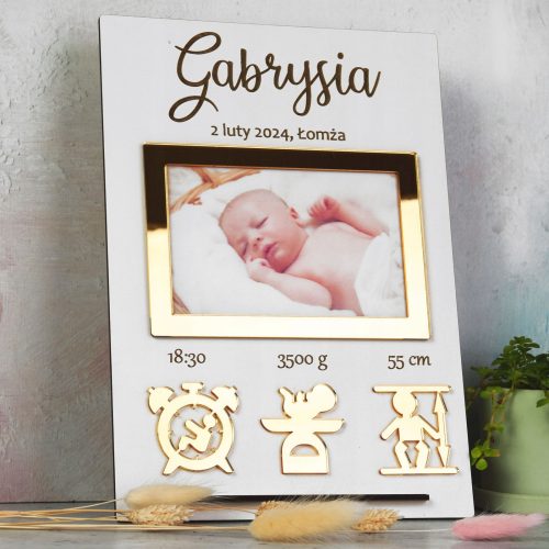  Certificato di nascita 3D Foto del bambino Specchio dorato Regalo souvenir Compleanno Battesimo