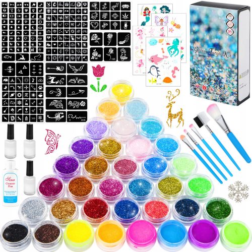  TATUAGGI GLITTER PER BAMBINI SET GRANDE 36 paillettes glitter 187 stencil