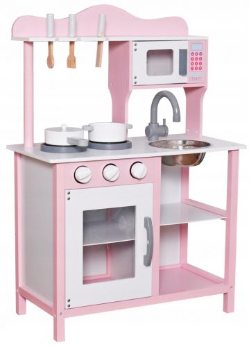  CUCINA PER BAMBINI PENTOLE IN LEGNO ROSA + posate + microonde