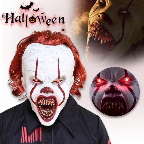  MASCHERA DA CLOWN SPAVENTOSO LED LATTICE COSTUME DI HALLOWEEN JOKER CAPELLI ROSSI