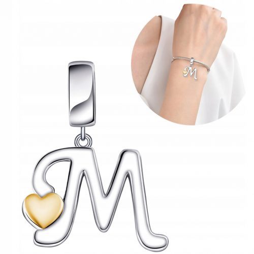  Charms Ciondolo in argento Perline Argento 925 Lettera originale M Cuore