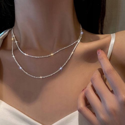  Collana a doppia catena, gioiello girocollo in argento, delicato intorno al collo