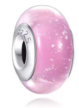  Ciondolo charm in vetro di murano rosa, argento S925