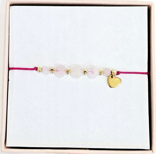  Bracciale Amore e Felicità, cuore in quarzo rosa su filo rosa