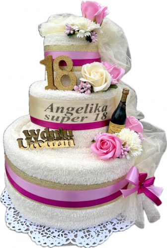  Bellissimo regalo di compleanno per una donna. Torta con asciugamano, fiori di sapone, iscrizione