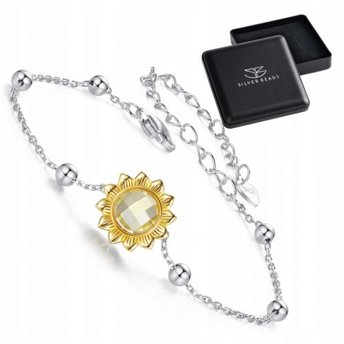  S203 Bracciale in argento placcato oro con girasole e palline, argento 925