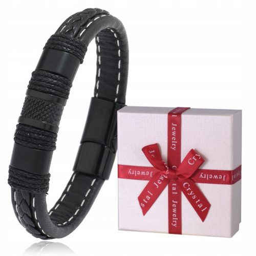  BRACCIALE DA UOMO IN PELLE NERA M59 ELEGANTE CONFEZIONE REGALO IN CRISTALLO