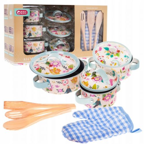  Accessori cucina per bambini PENTOLE ALLUMINIO guanto + utensili 10 pz.