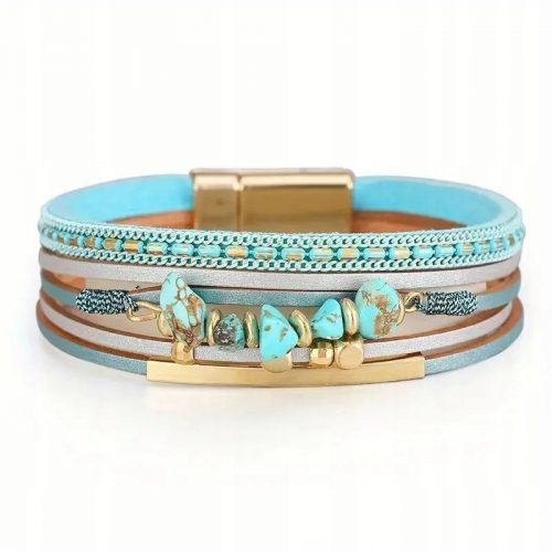  Bracciale in pelle da donna con cinturini, pietre, involucro Boho, turchese