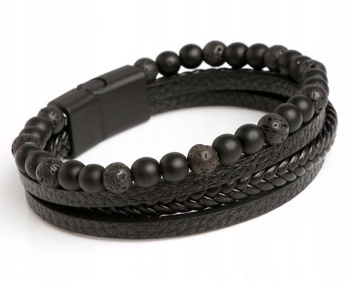  BRACCIALE DA UOMO IN PELLE CON PERLINE DI ONICE LAVA