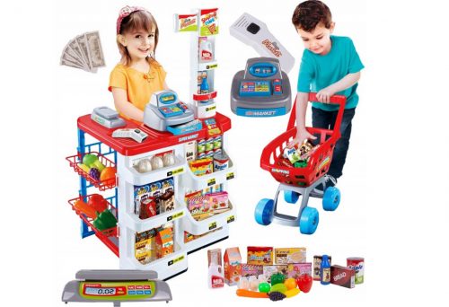  GRANDE SUPERMERCATO DI GIOCATTOLI PER BAMBINI CON CARRELLO E ACCESSORI SCANNER CASSA