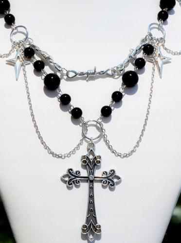  COLLANA PUNK vintage, perline a strati, stella e croce, nera