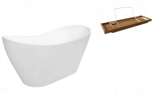  Vasca da bagno freestanding in conglomerato Besco Viya, scarico al centro, 160 x 70 cm + MENSOLA BAMBOO BAMBOO REGOLABILE + ACCESSORI