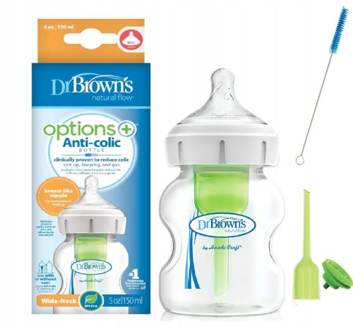  Dr Brown's Options+ biberon anti-coliche 150 ml + SPAZZOLA PER LAVARE BICCHIERI E TETTARELLE, SET DA 2,