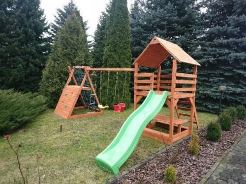 Parco giochi in legno, tavolo da arrampicata, casetta, scivolo